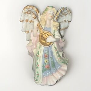 Vintage Angel Playing Harp Figurine 8" Porcelain Holly Floral Dress Sparkles
